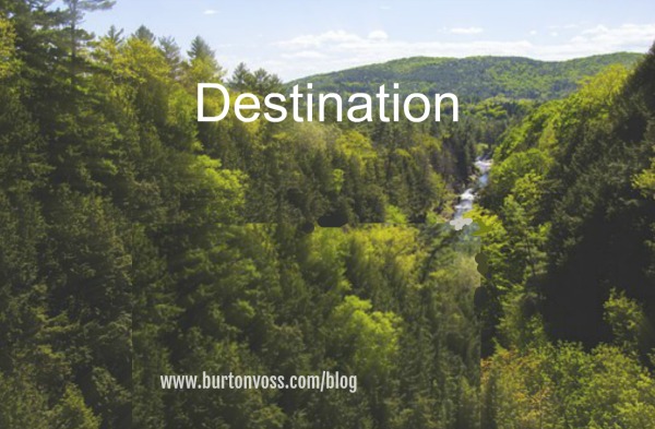 A long view from a heavily wooded hill showing a small stretch of stream.